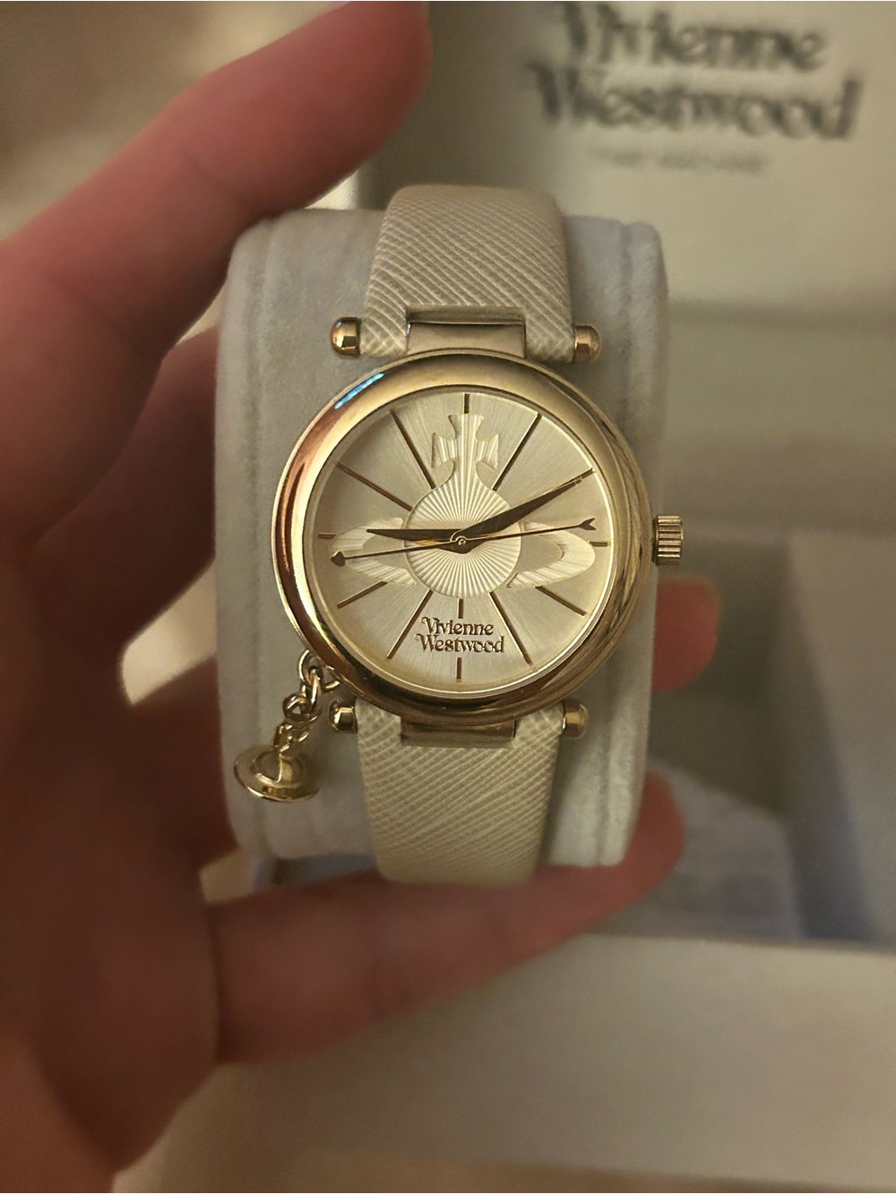 Vivienne Westwood Cream Leather Strap Gold-Tone Orb Watch